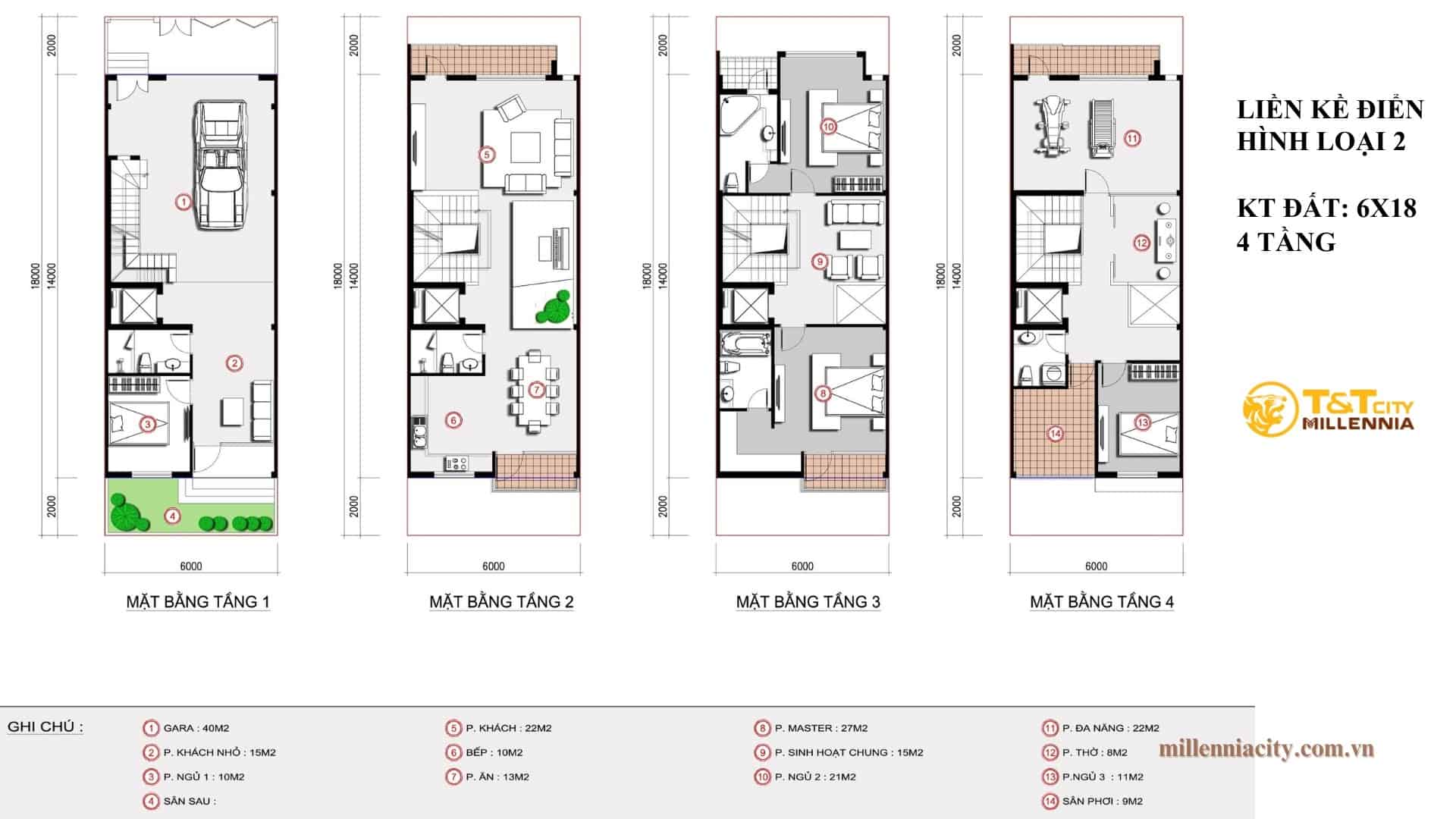 Layout mặt bằng nhà phố liền kề loại 2 (6x18m).
