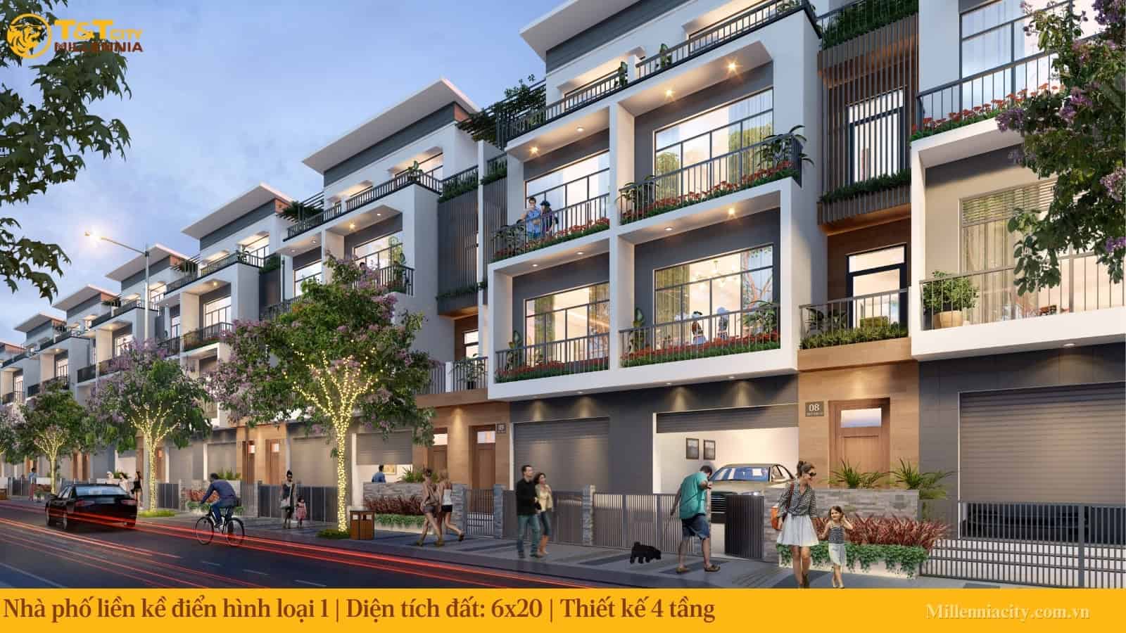 Phối cảnh 3D nhà phố liền kề loại 1 T&T City Millennia với mái ngói truyền thống.