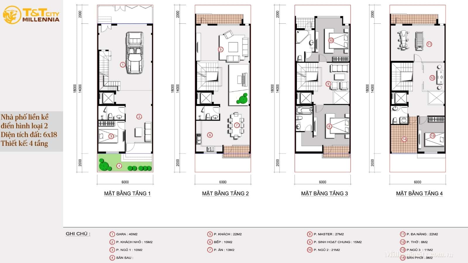 Bản vẽ thiết kế nhà phố liền kề loại 2 T&T City Millennia, kết hợp mái bằng và mái dốc.